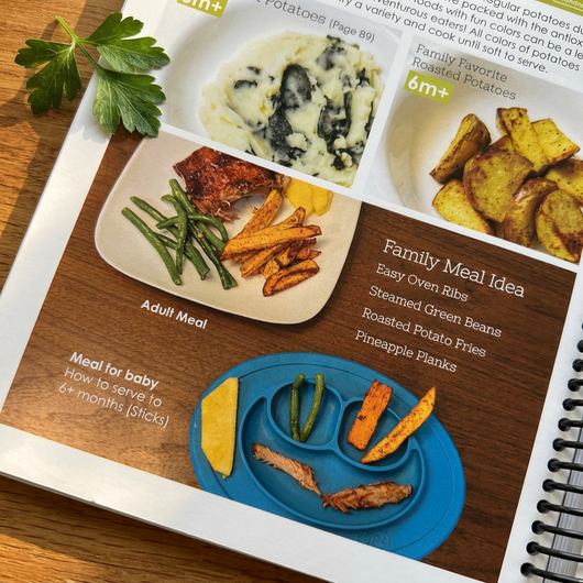 50-page intro on solids — choking, allergens, serving sizes